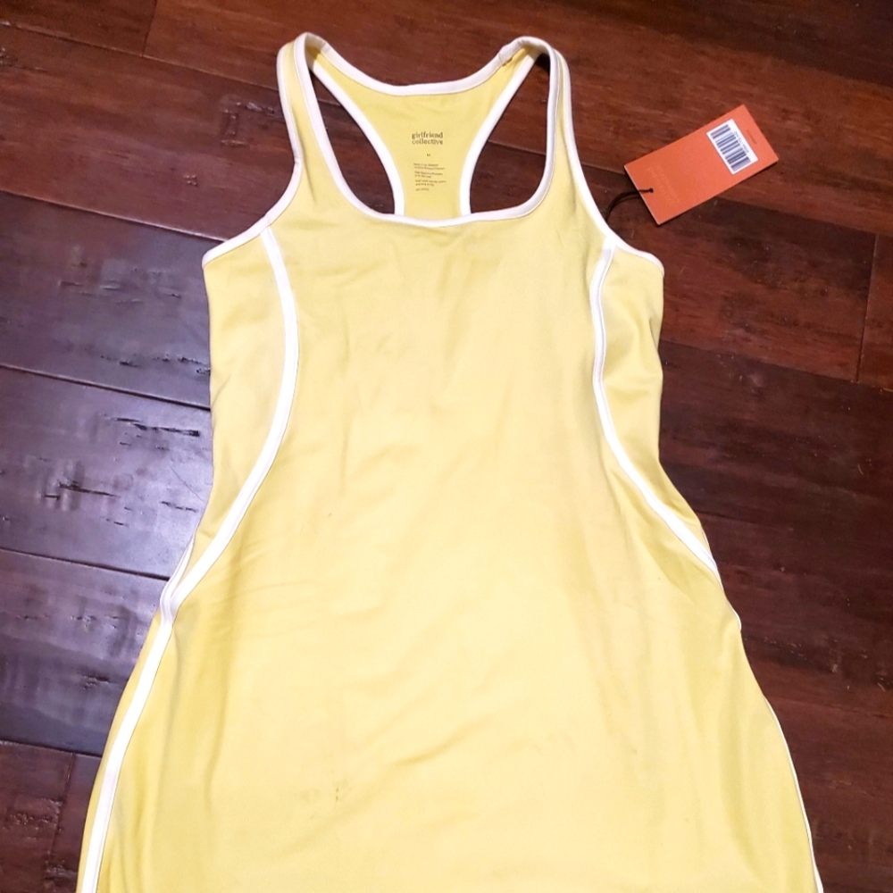 Girlfriend Collective athletic dress- cream yellow with racerback white stripes